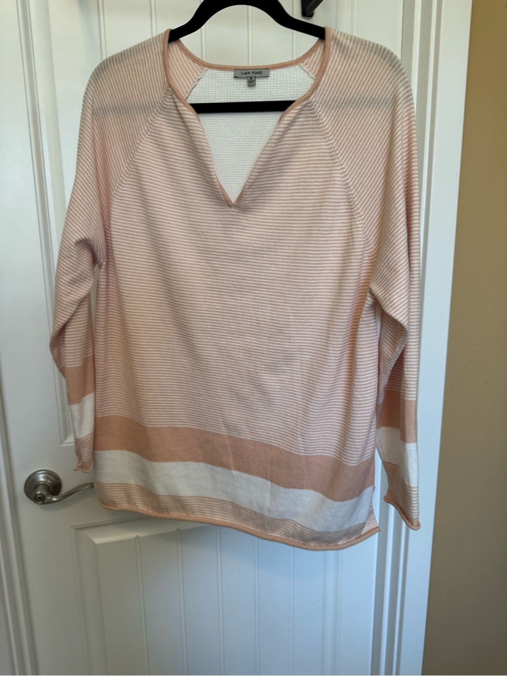 Lisa Todd Peach and White Striped V-Neck Henley Sweater Shirt